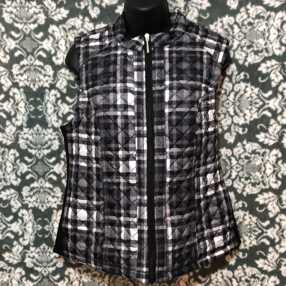 Laura Scott Quilted Puffy Black and White Plaid Vest Size L